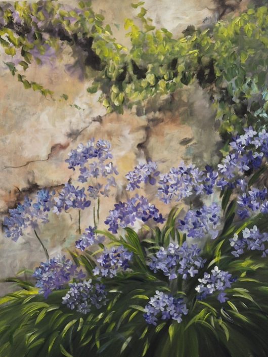 Tableau représentant un paysage forêt de Provence vert bleu et mauve